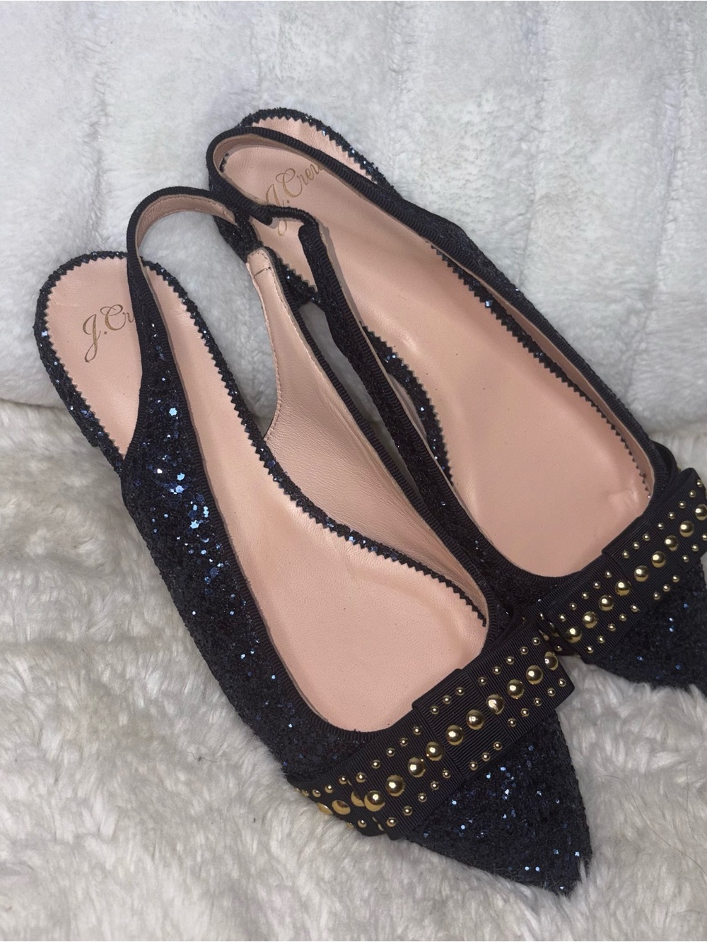 J. Crew Black Glitter Slingback Flats with Gold Stud Trim size 9